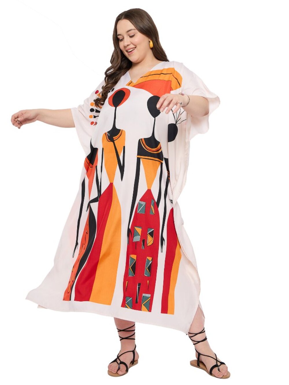 Lady Tribal Printed Caftan Plus Size Dress Comfy Polyester Loose Maxi Dresses